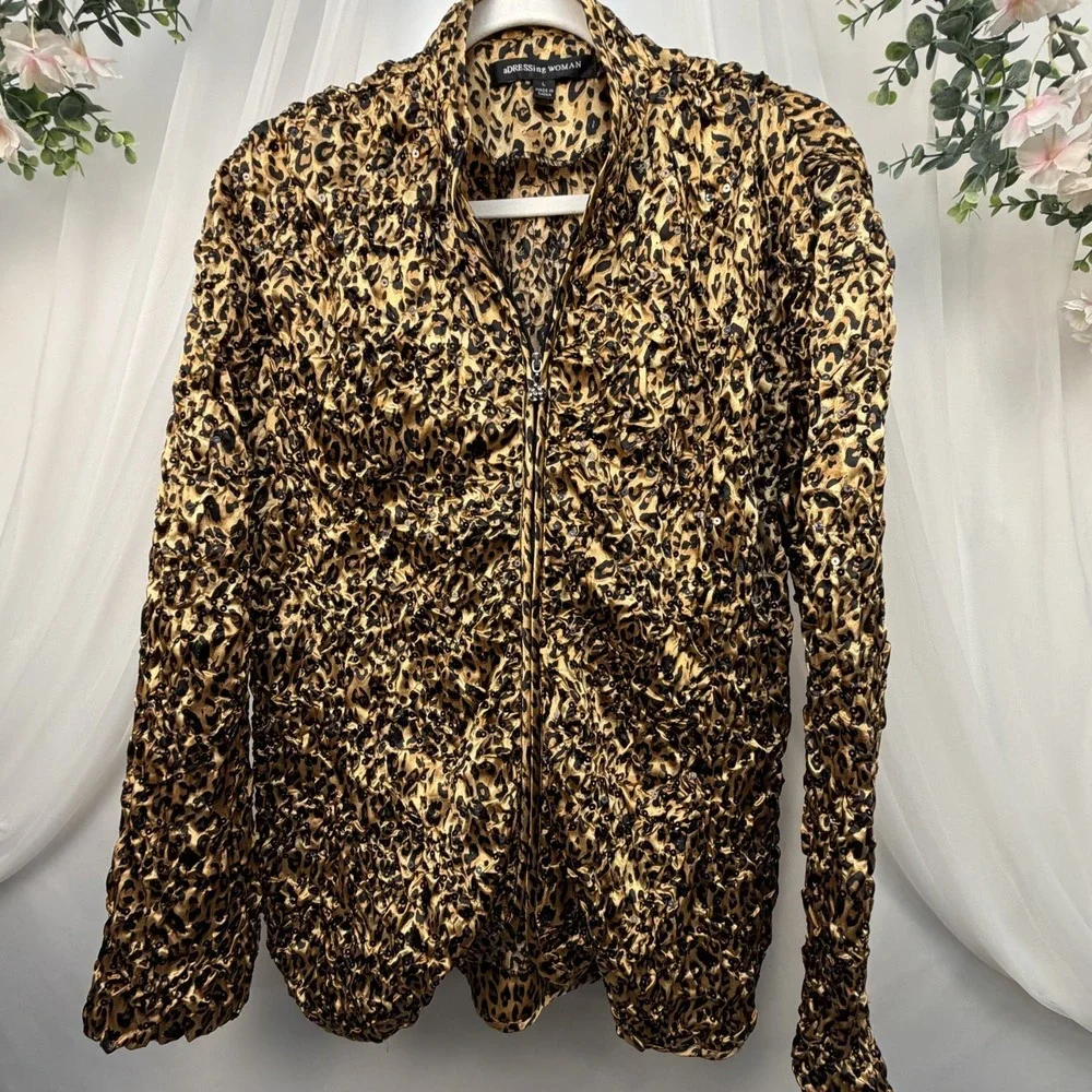 VINTAGE Adressing Woman Jacket Womens L Brown Animal Leopard Print Ruffle Y2K